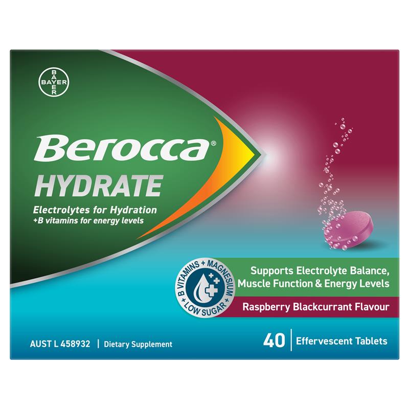 Berocca Hydrate Raspberry Blackcurrant 40 Effervescent Tablets