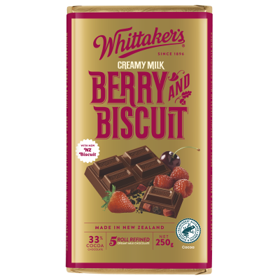 Whittaker's Berry And Biscuit 33% Cocoa Milk Chocolate Block 250g
